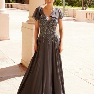 Charcoal gray plus size formal mother of the bride/groom dress with sleeves,